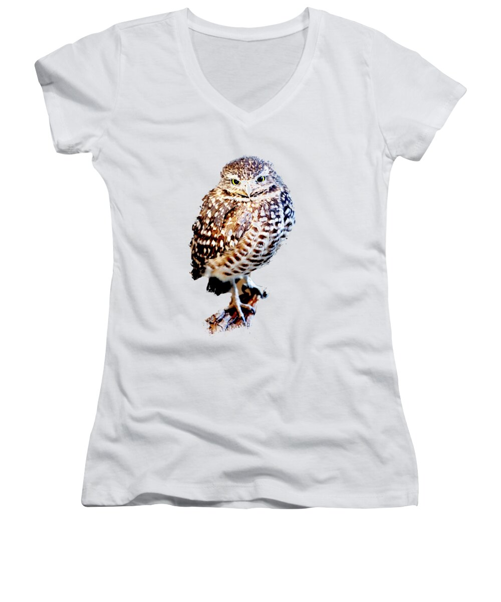 Burrowing Owl Women's V-Neck featuring the photograph Owl,Bird,Burrowing Owl,Burrowing,Nature,Wildlife,Birds,Owls, by David Millenheft