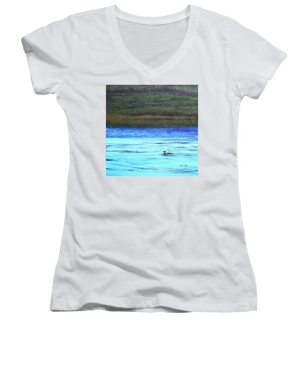 Moorhead Lake Women's V-Neck featuring the painting Call of the Loon by Paul Gaj