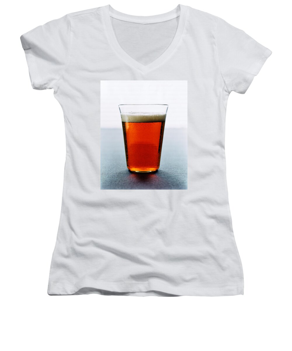 Food Women's V-Neck featuring the photograph Cold Glass of Lager by Romulo Yanes