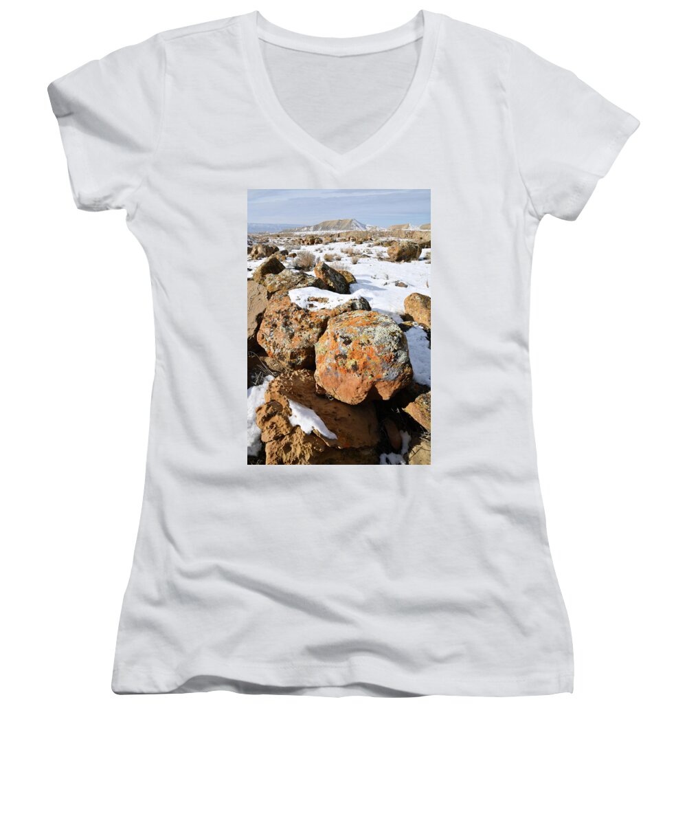 Book Cliffs Women's V-Neck featuring the photograph Colorful Lichen Covered Boulders in Book Cliffs by Ray Mathis
