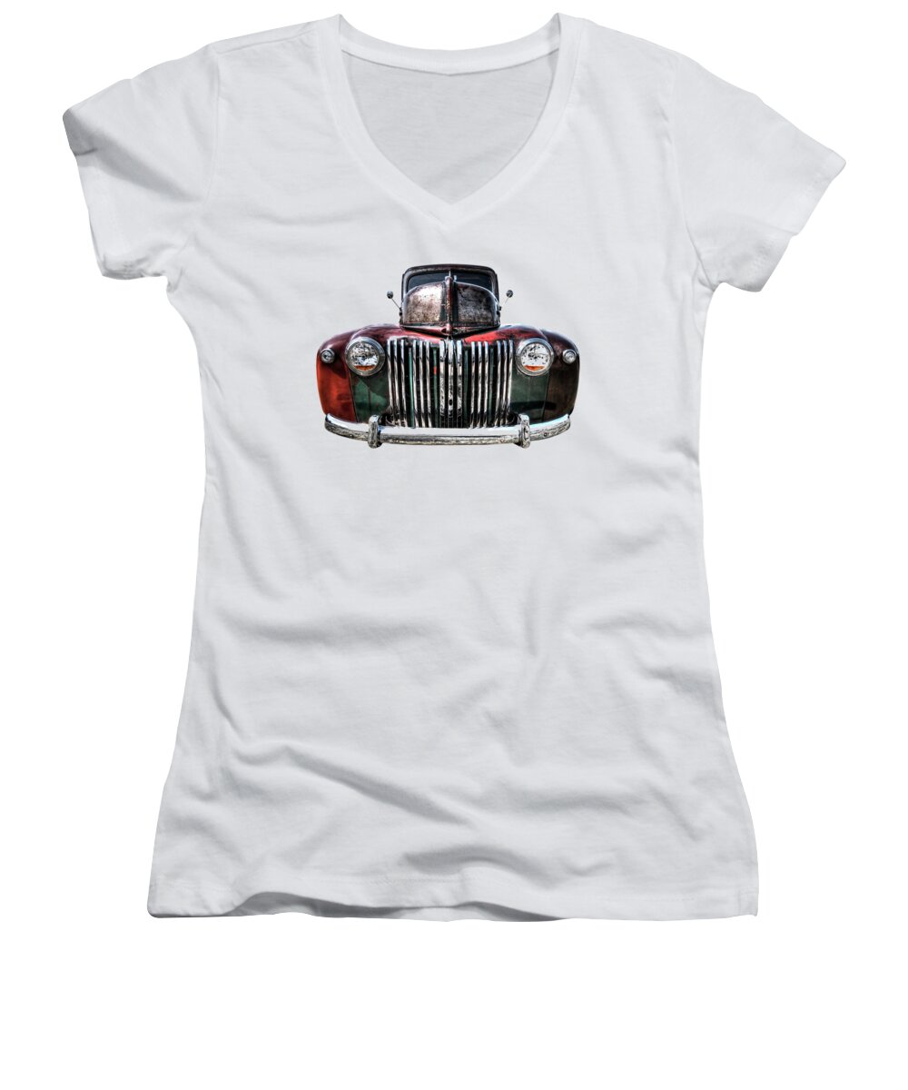 Ford Truck Women's V-Neck featuring the photograph Colorful Rusty Ford Head On by Gill Billington
