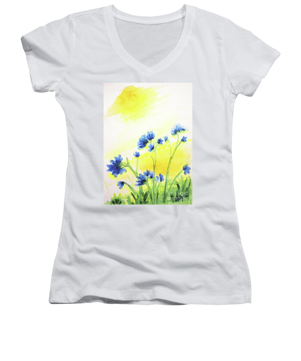 Blue Flowers Women's V-Neck featuring the painting Daring Dream by Holly Carmichael