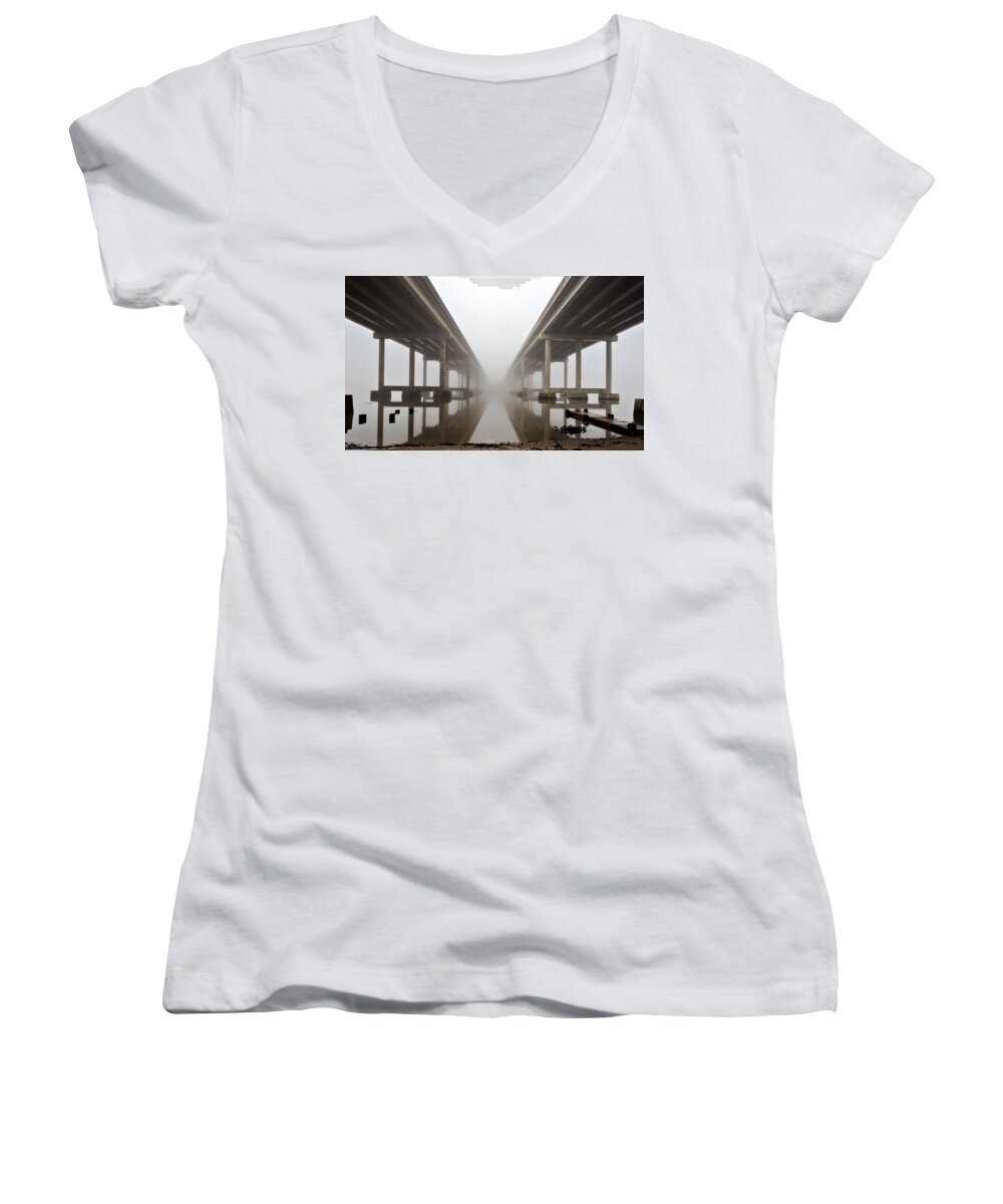 Bridge Women's V-Neck featuring the photograph Disappearing Bridge by Jerry Connally
