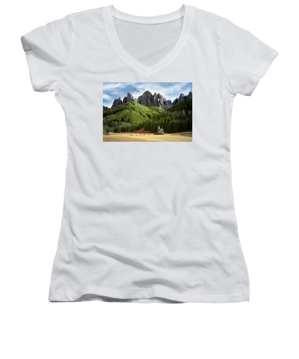 Dolomites Women's V-Neck featuring the photograph Dolomite Church by Jon Glaser