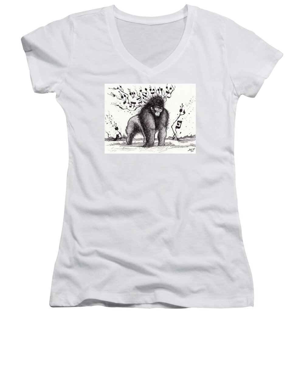 Gorilla Women's V-Neck featuring the painting Dougie by Yom Tov Blumenthal