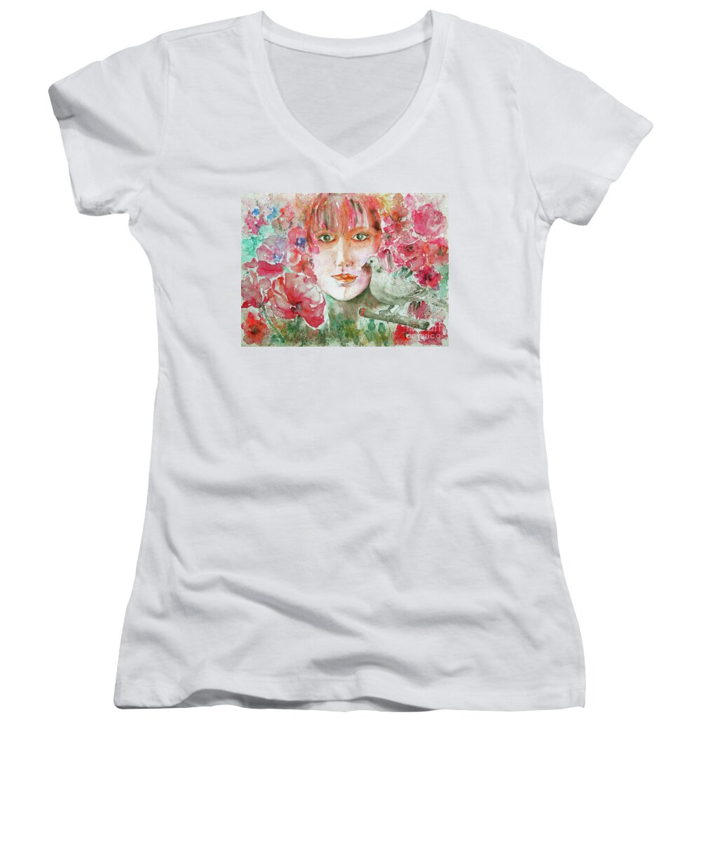 Dove Women's V-Neck featuring the painting Dove by Jasna Dragun