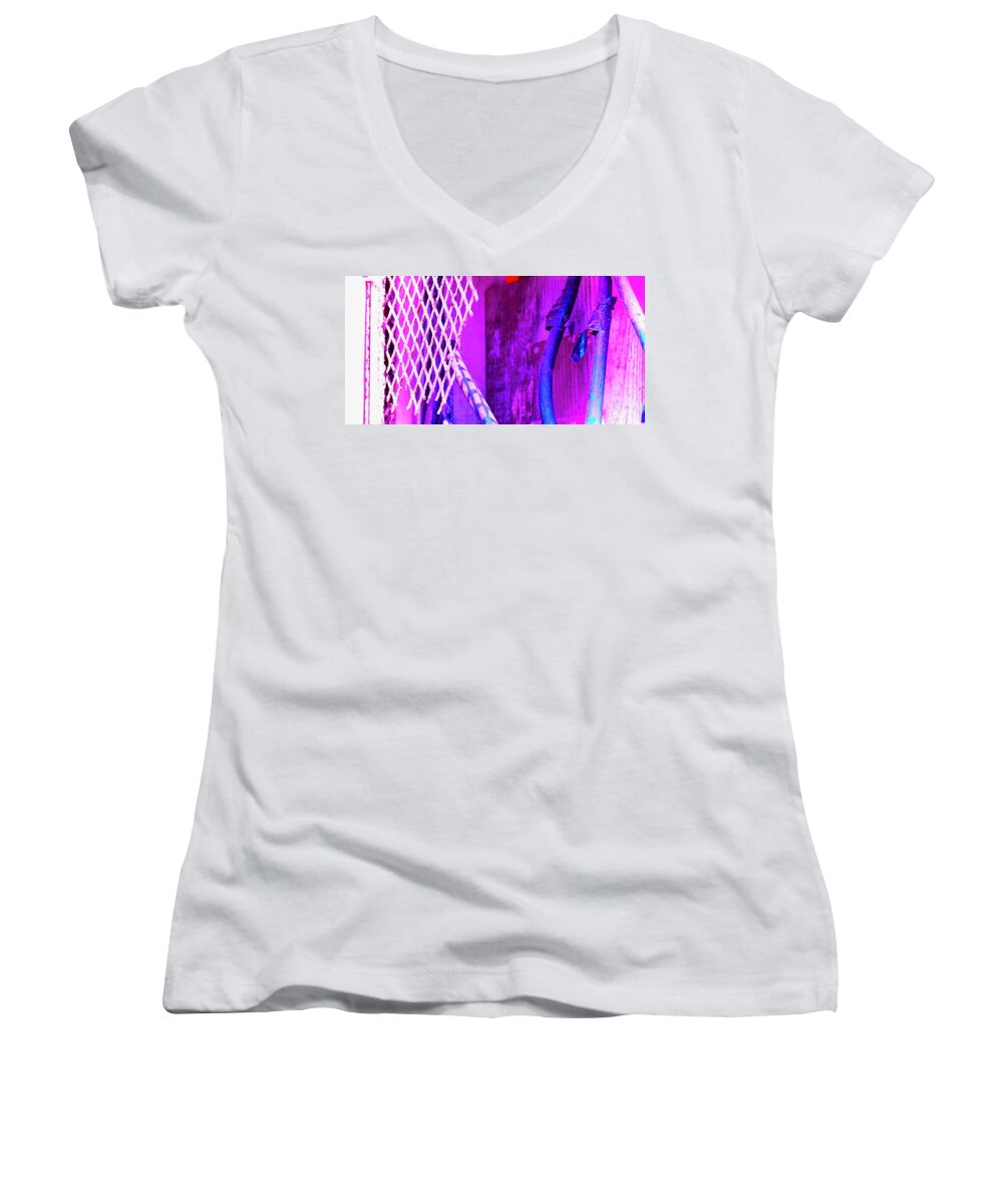 Abstract Women's V-Neck featuring the photograph Duck Taped Pipes by Debra Grace Addison