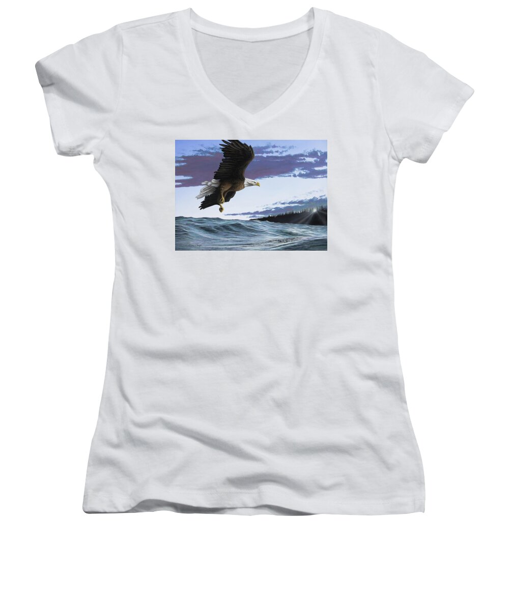 Landscape Women's V-Neck featuring the painting Eagle in Flight by Anthony J Padgett