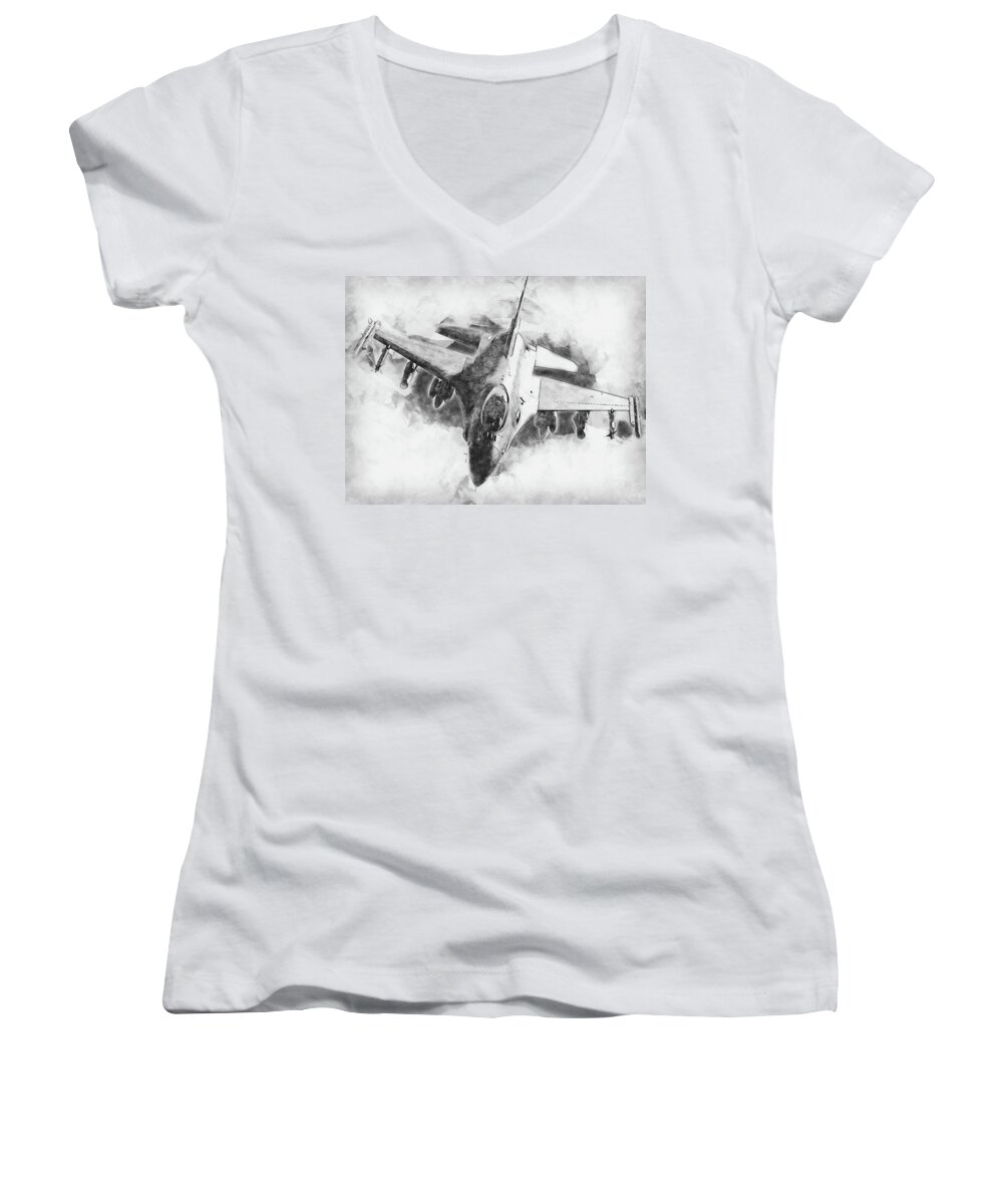 F16 Women's V-Neck featuring the painting F-16 Fighting Falcon - 04 by AM FineArtPrints
