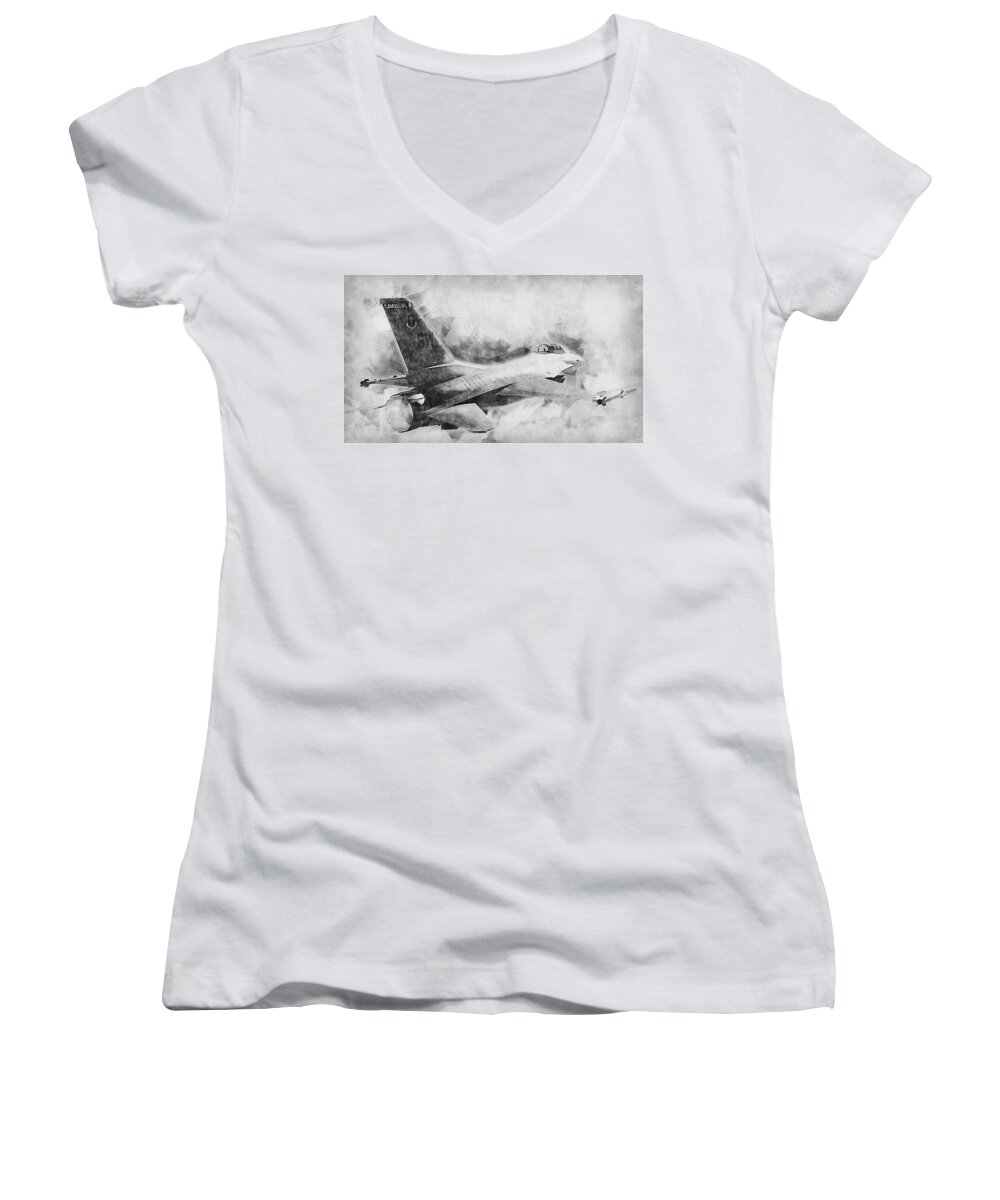 F16 Women's V-Neck featuring the painting F-16 Fighting Falcon - 05 by AM FineArtPrints