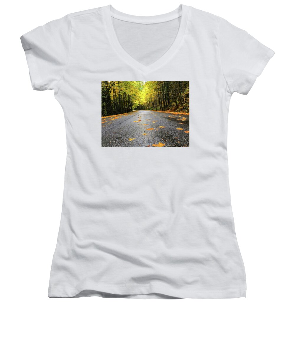 The Bright Yellows On The Fall Drive Were Stunning! Women's V-Neck featuring the photograph Fall Drive by Brian Eberly