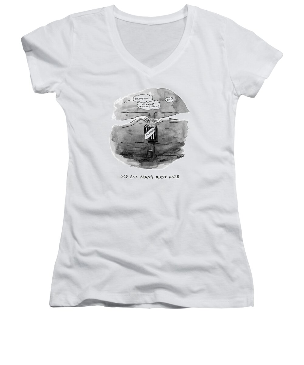  God And Adam's First Date Movie Theater Women's V-Neck featuring the drawing First Date by Sara Lautman