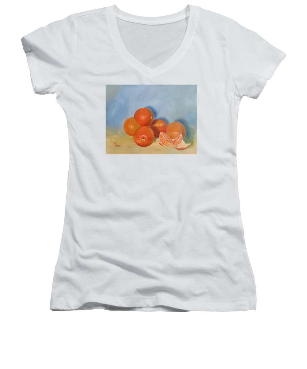 Orange Women's V-Neck featuring the painting Five Oranges and a Half Cutie by Helian Cornwell