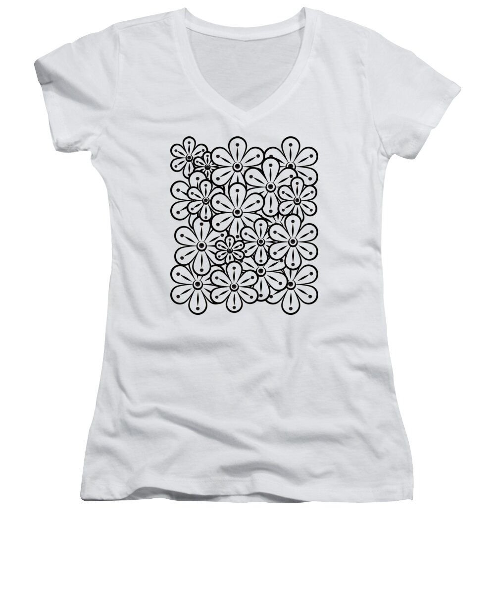 Flower Women's V-Neck featuring the digital art Flowers Black and White by Patricia Piotrak