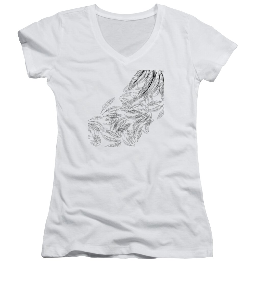Feather Women's V-Neck featuring the drawing Flying feathers by Patricia Piotrak