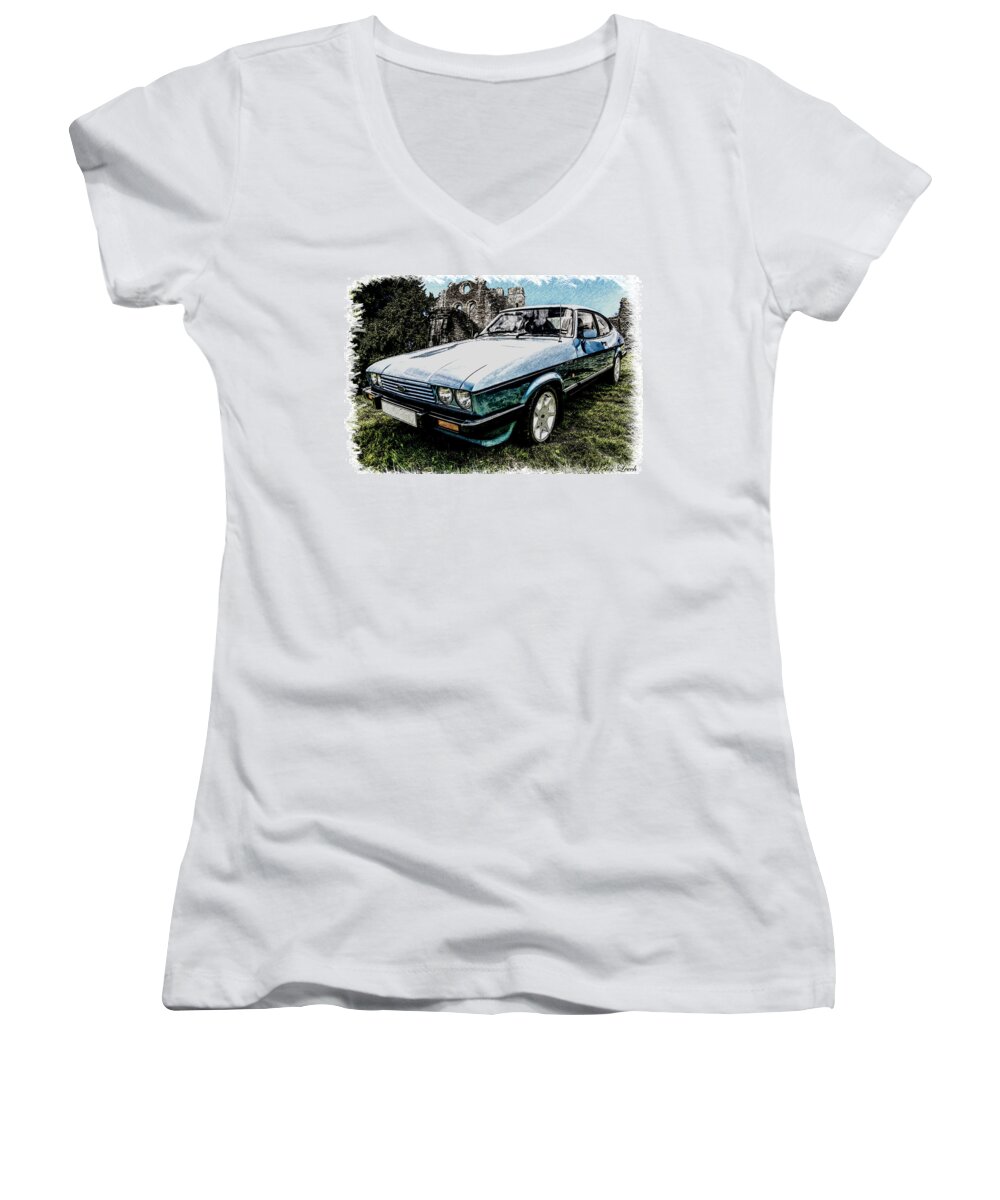 British Women's V-Neck featuring the photograph Ford Capri 3.8i Pencil v2 by Peter Leech