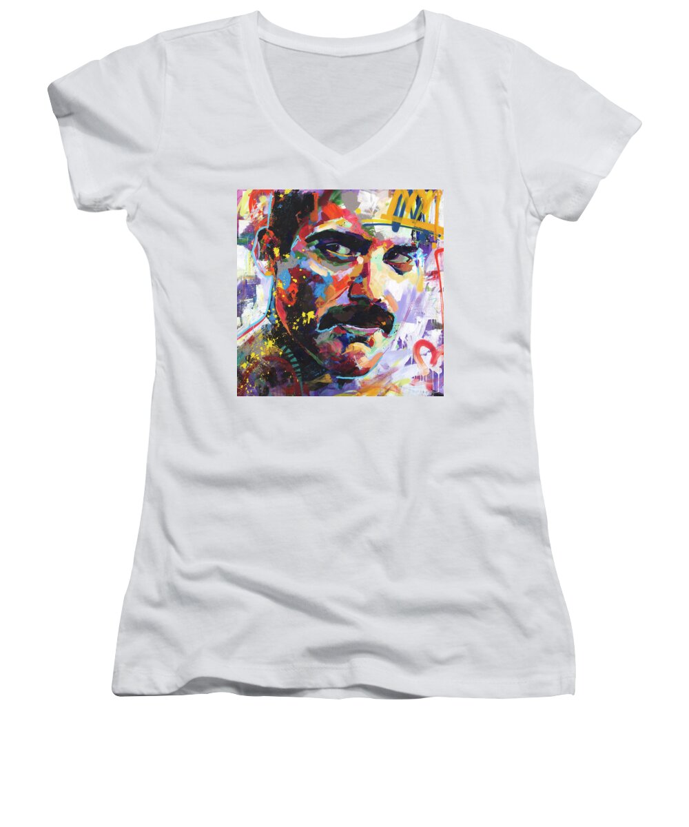 Freddie Women's V-Neck featuring the painting Freddie Mercury by Richard Day