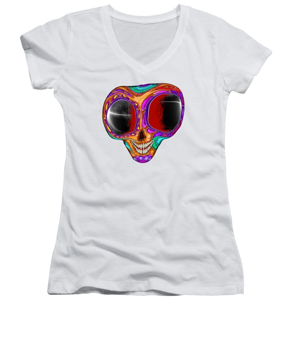 Alien Women's V-Neck featuring the painting Funny Alien Scull by Patricia Piotrak