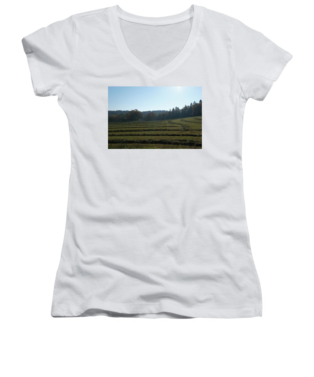 Sweden Women's V-Neck featuring the pyrography Haymaking by Magnus Haellquist
