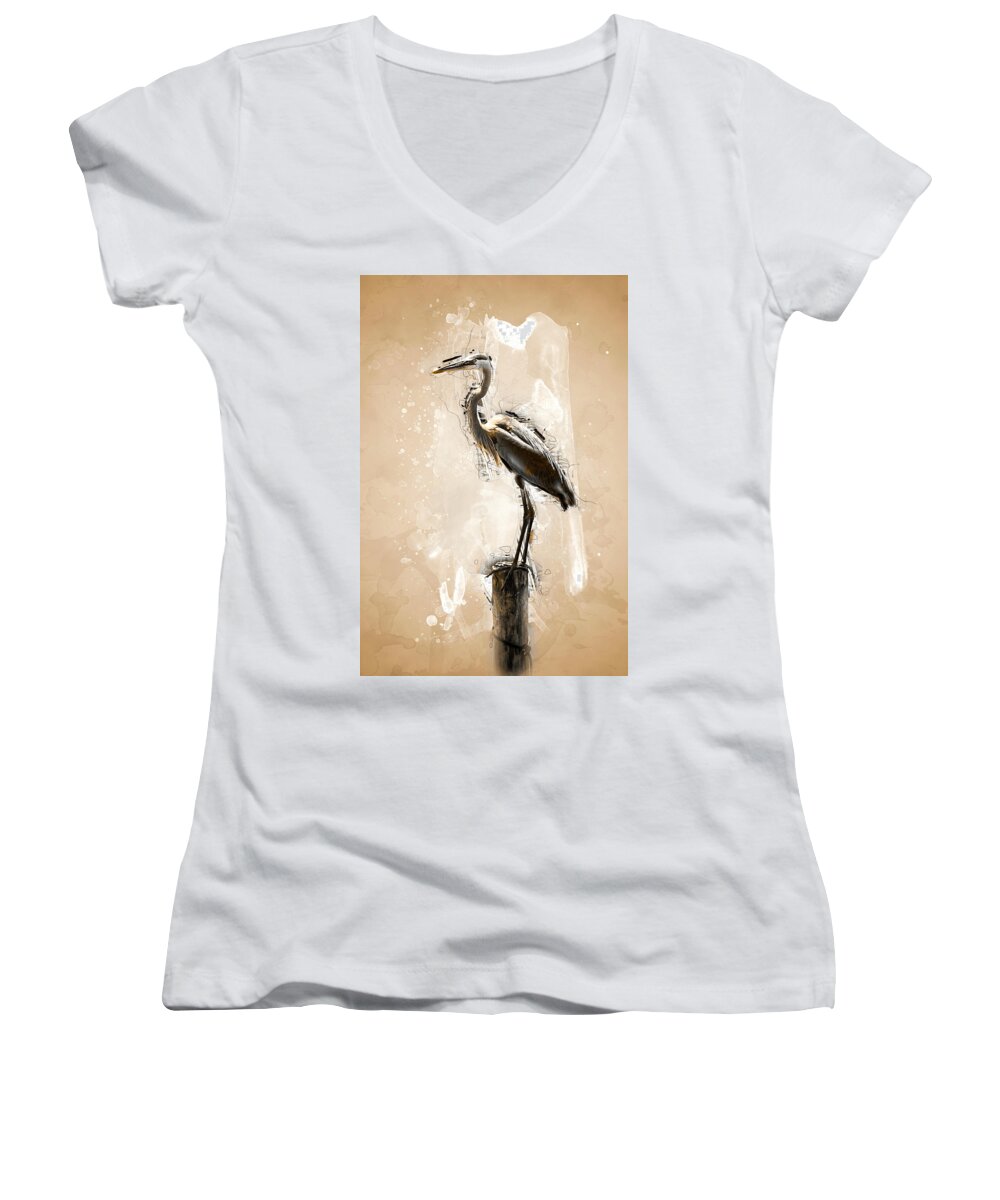 Heron Women's V-Neck featuring the digital art Heron on Post by Pheasant Run Gallery