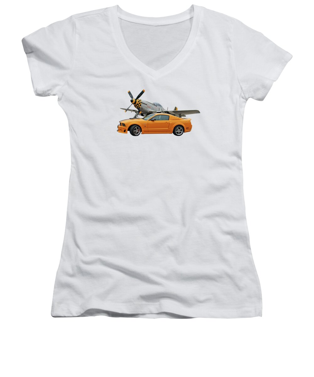 Ford Mustang Women's V-Neck featuring the photograph High Flyers - Mustang and P51 by Gill Billington