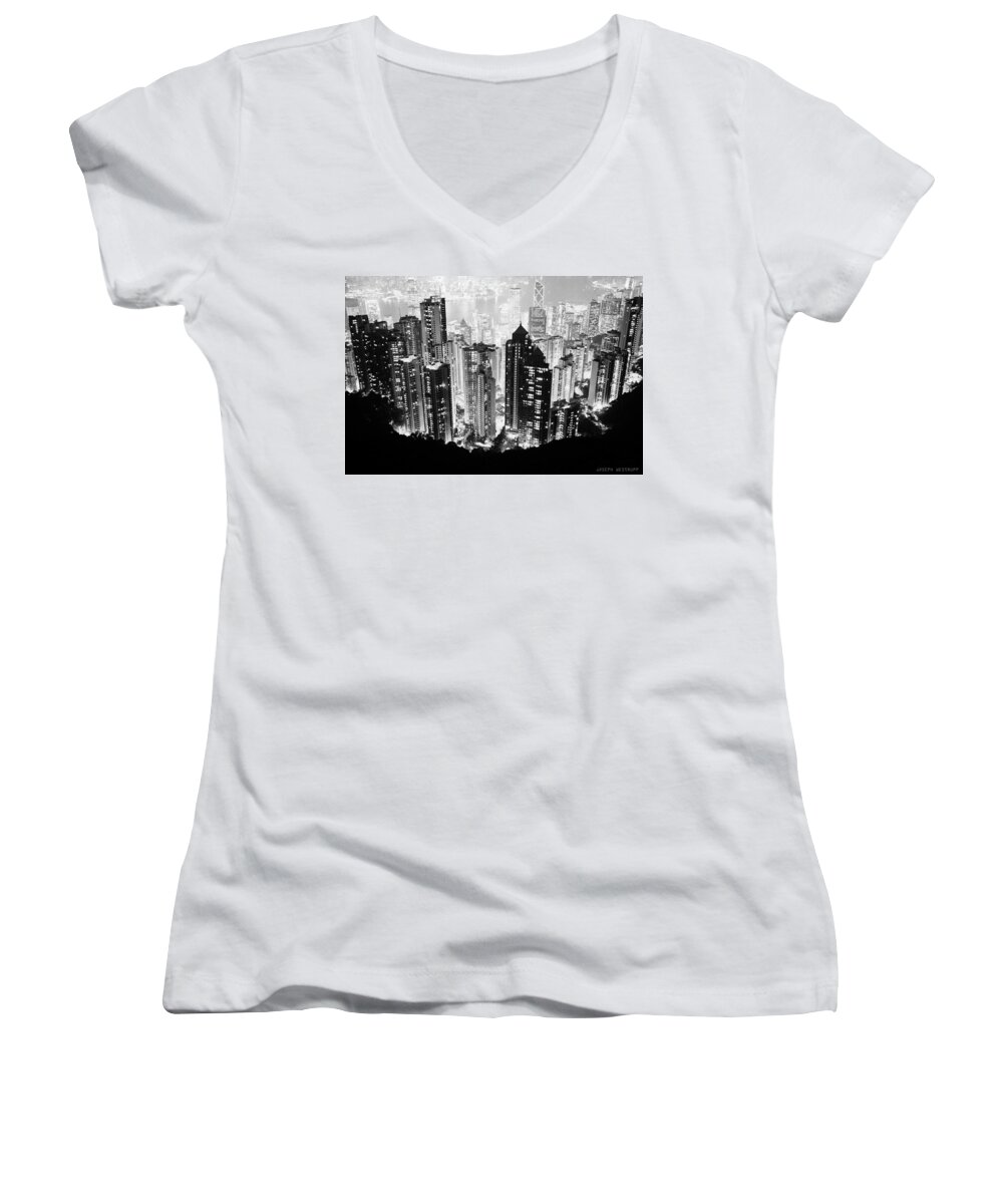 Buildings Women's V-Neck featuring the photograph Hong Kong Nightscape by Joseph Westrupp