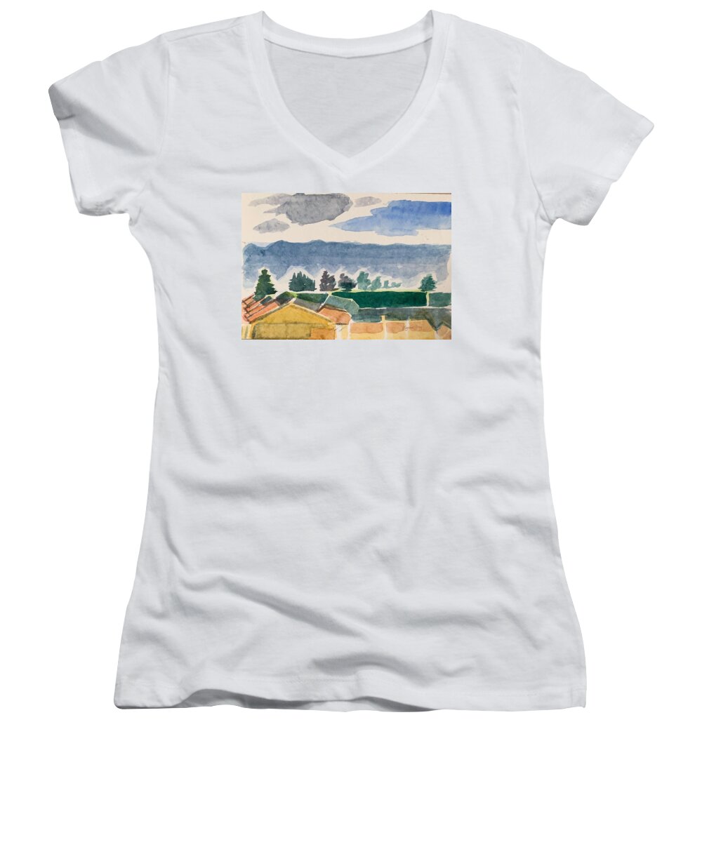 Abstract Women's V-Neck featuring the painting Houses, Trees, Mountains, Clouds by Suzanne Giuriati Cerny