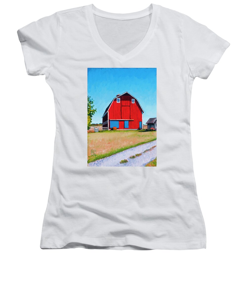 Barn Women's V-Neck featuring the painting Jenne Farm by Stacey Neumiller