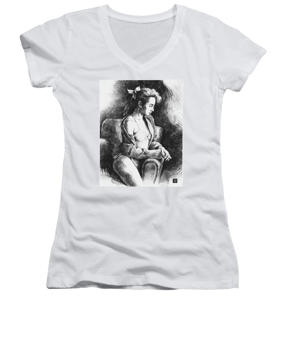 Woman Women's V-Neck featuring the drawing Julia 2 by Yvonne Wright