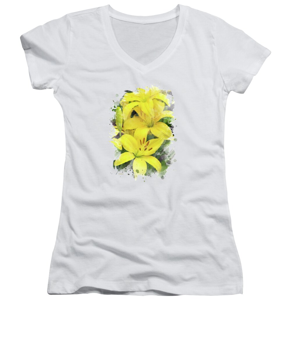 Lily Women's V-Neck featuring the mixed media Lily Watercolor Art by Christina Rollo