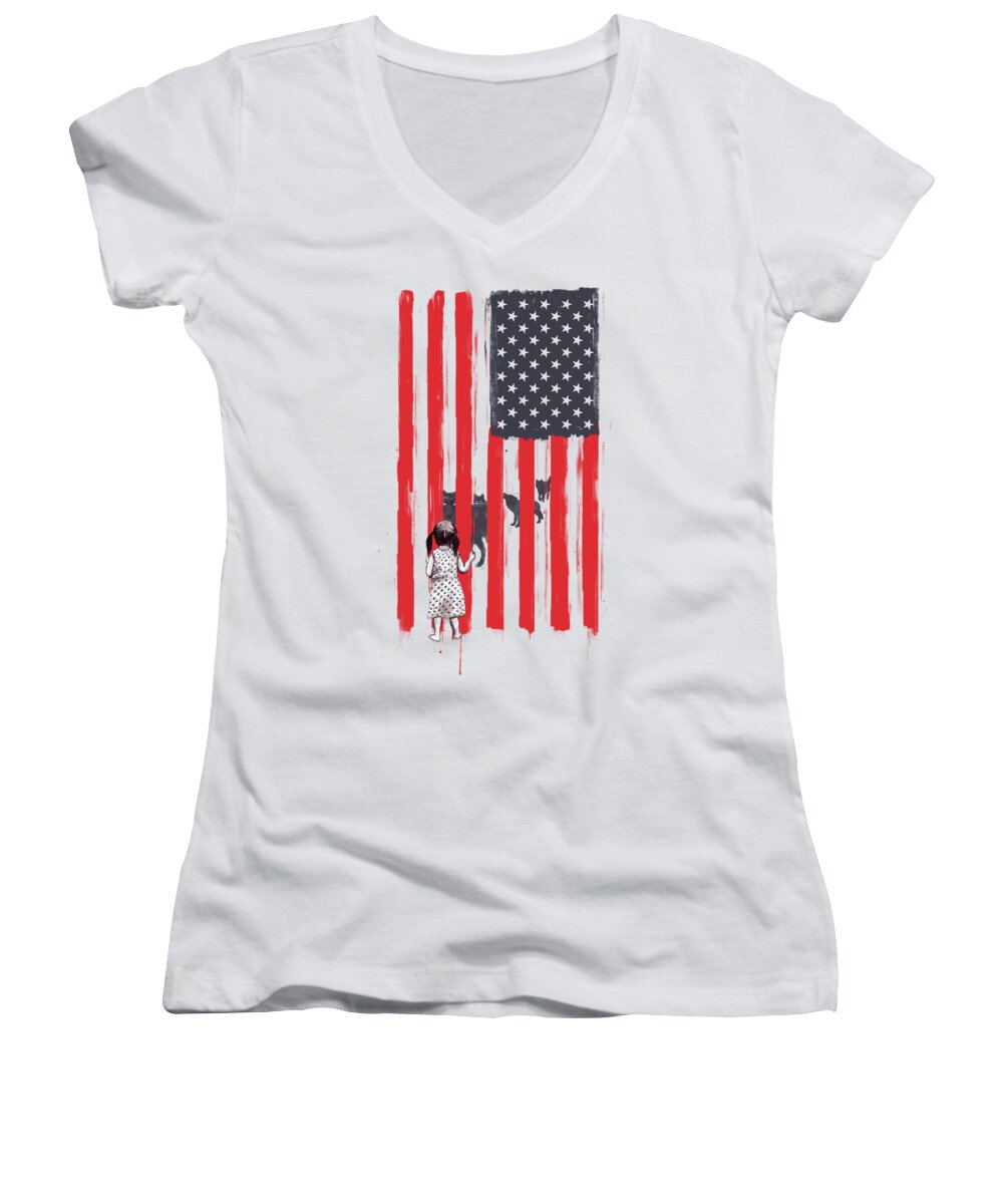 Usa Women's V-Neck featuring the painting Little girl and wolves by Balazs Solti