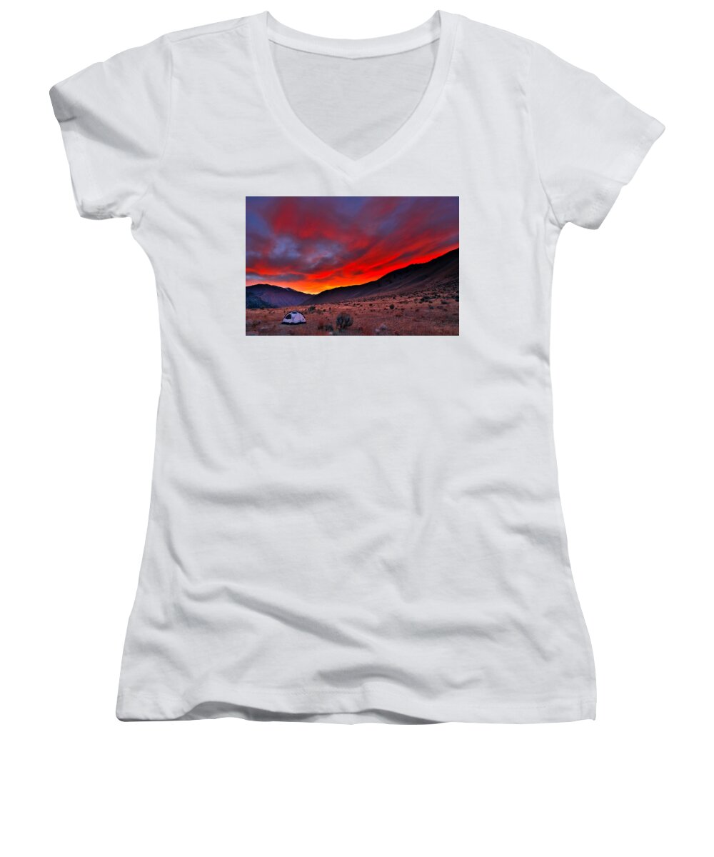 Sunset Women's V-Neck featuring the photograph Lone Tent by Tom Gresham