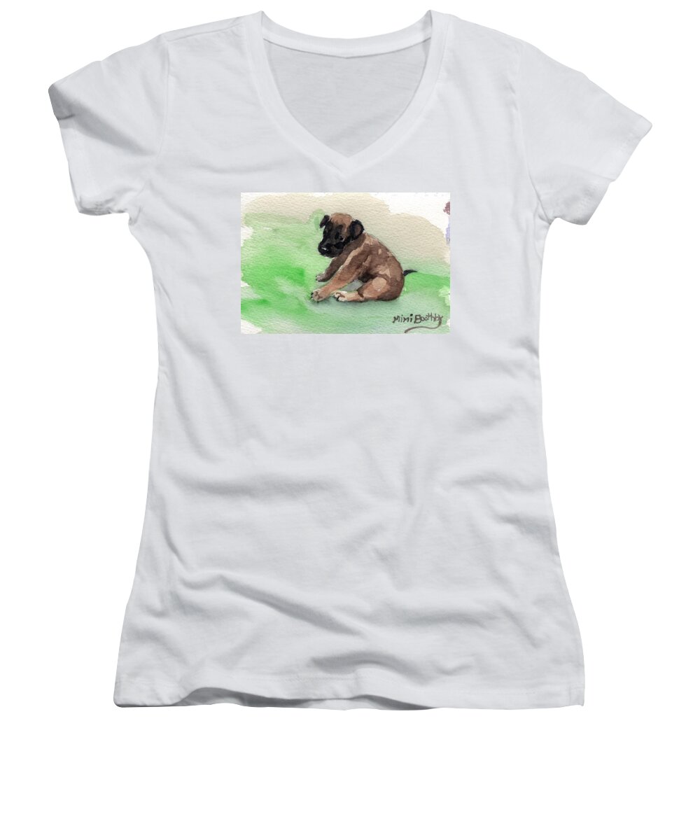 Baby Puppy Women's V-Neck featuring the painting Malinois Pup 3 by Mimi Boothby