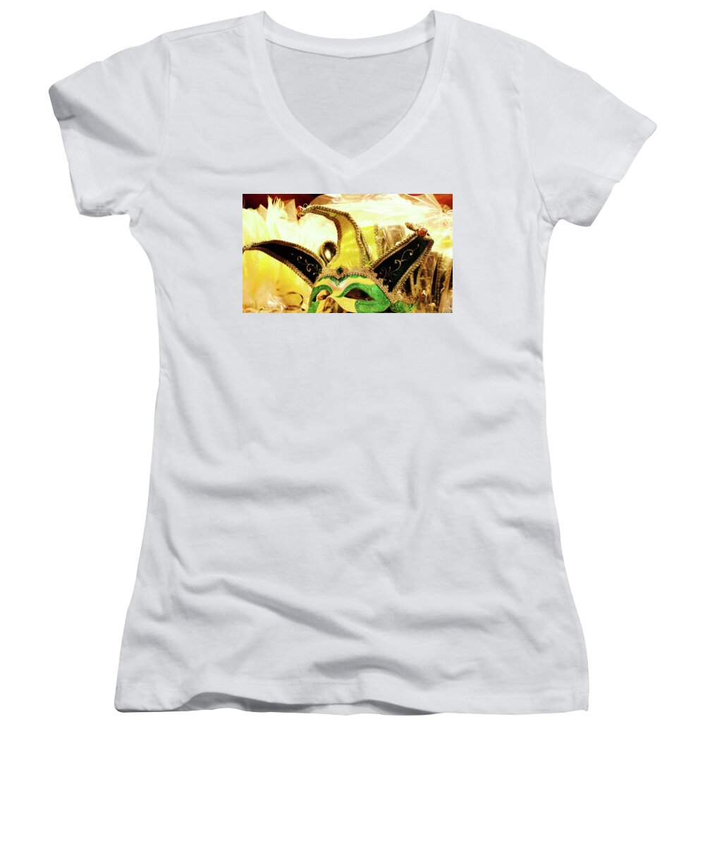 Green Mask Women's V-Neck featuring the photograph Mask Vert by Brian Sereda