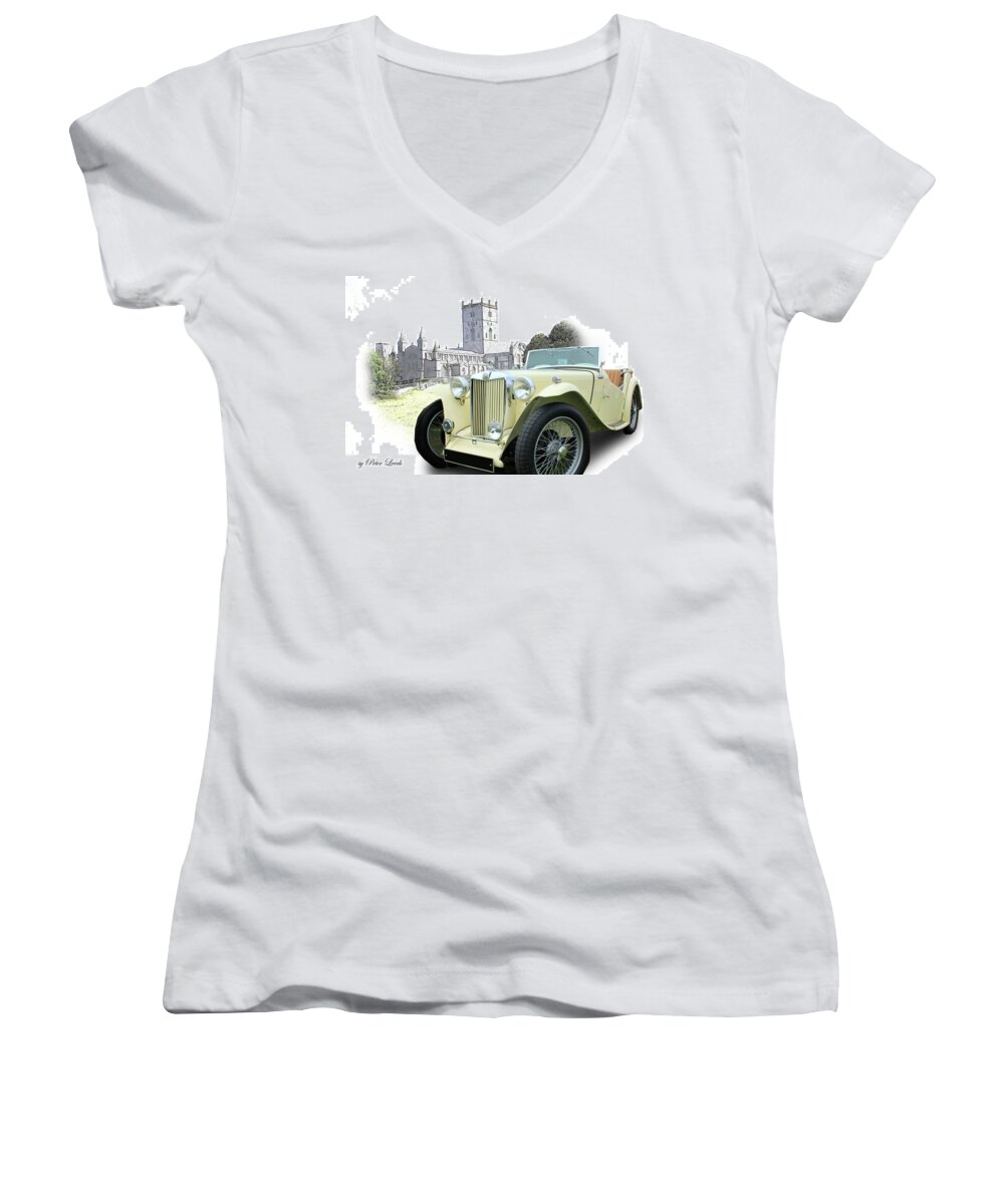 Mg Women's V-Neck featuring the digital art MG TF at St David's Cathedral by Peter Leech