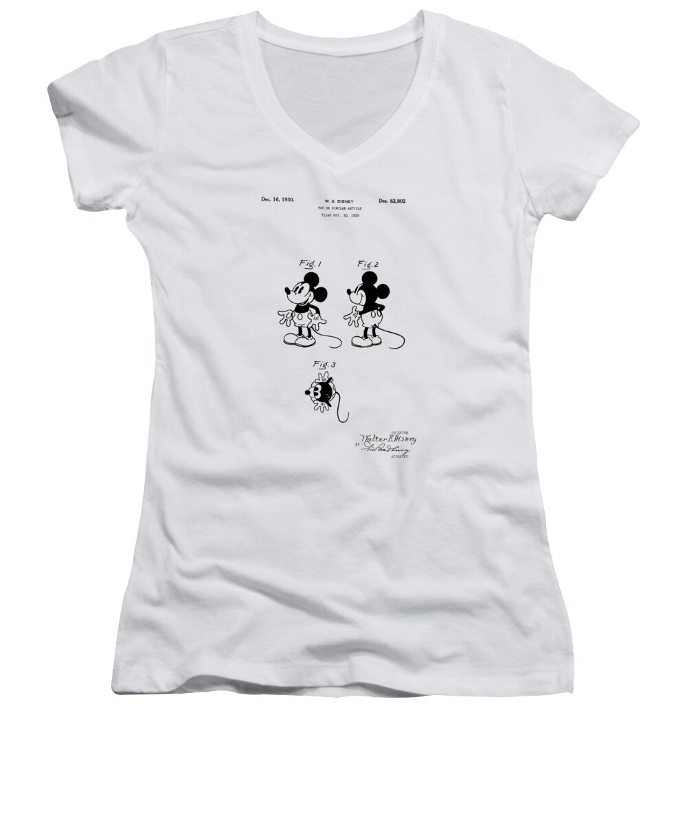 Mickey Mouse Canvas Women's V-Neck featuring the digital art Mickey Mouse Patent Drawing From 1930 - Vintage Art Print, Nursery Decor, by David Millenheft