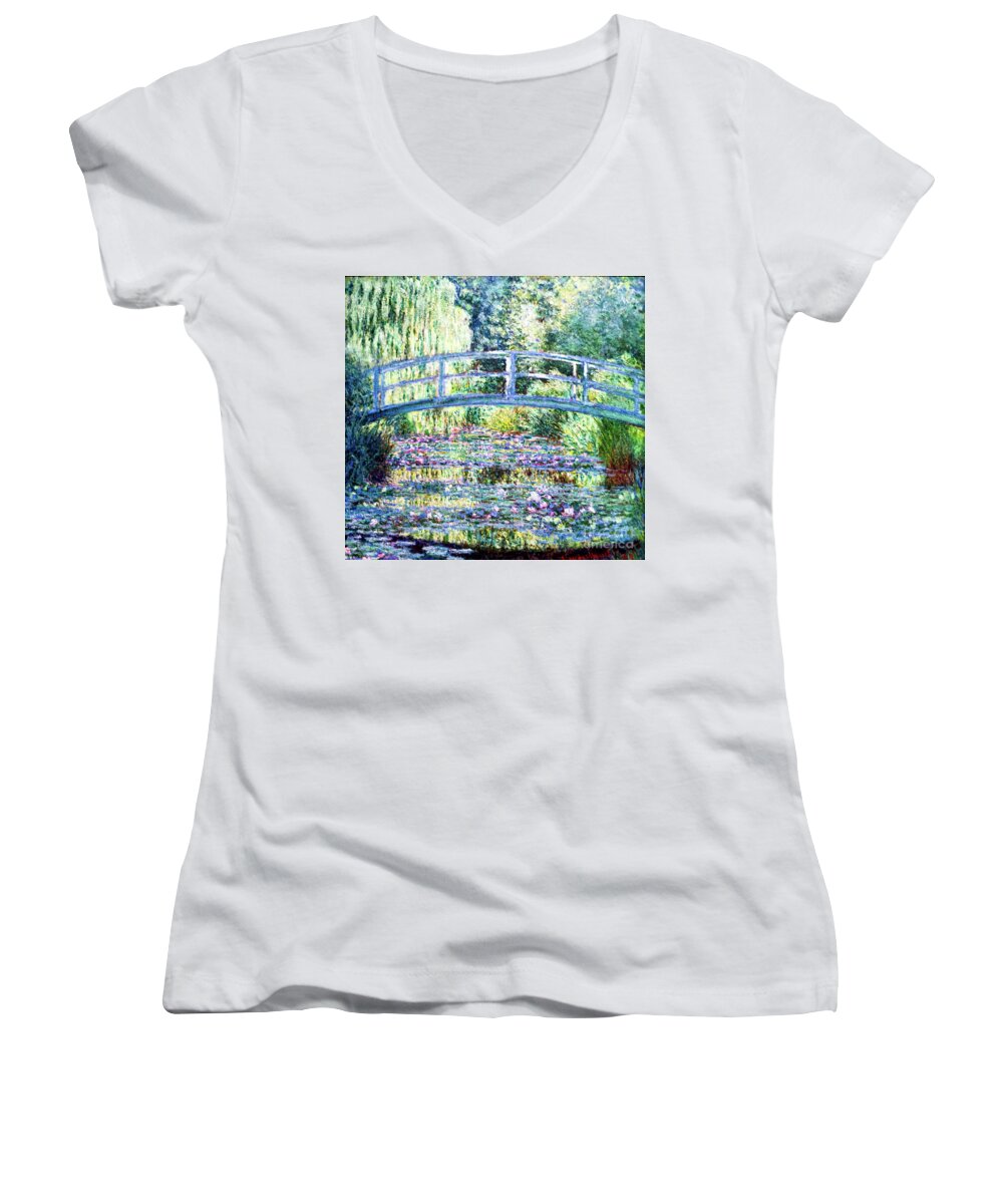 Monet Water Lily Pond Women's V-Neck featuring the painting Water Lily Pond - Green Harmony by Monet by Claude Monet