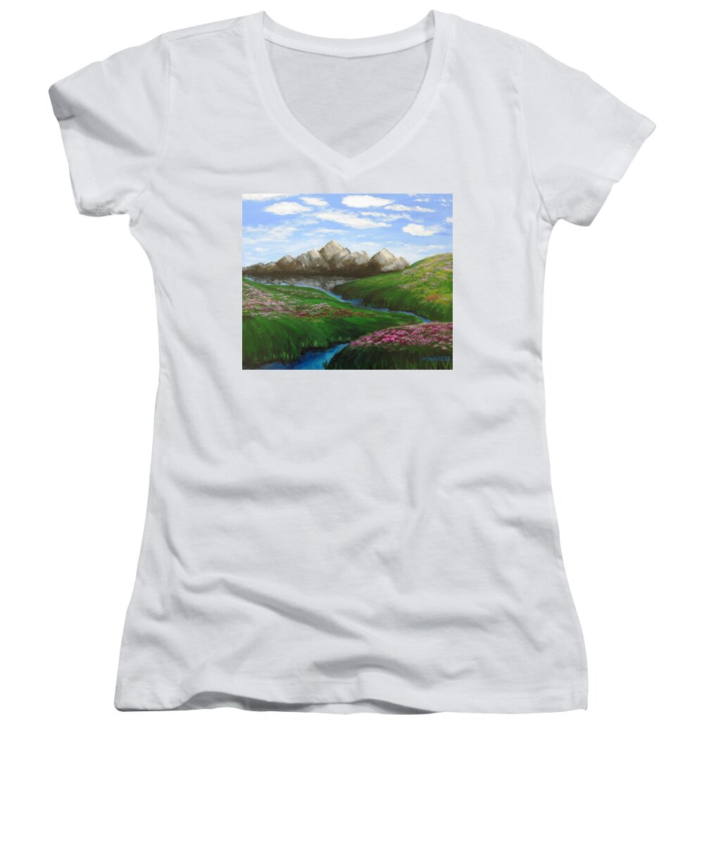 Women's V-Neck featuring the painting Mountains in Springtime by C E Dill