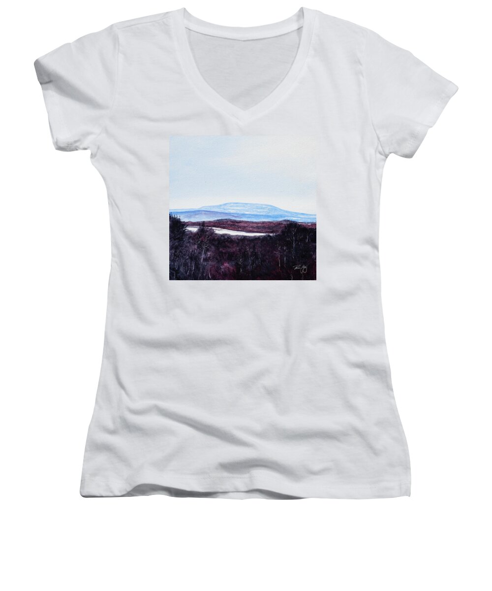 Mountains Women's V-Neck featuring the painting Mt. Wachusett by Paul Gaj