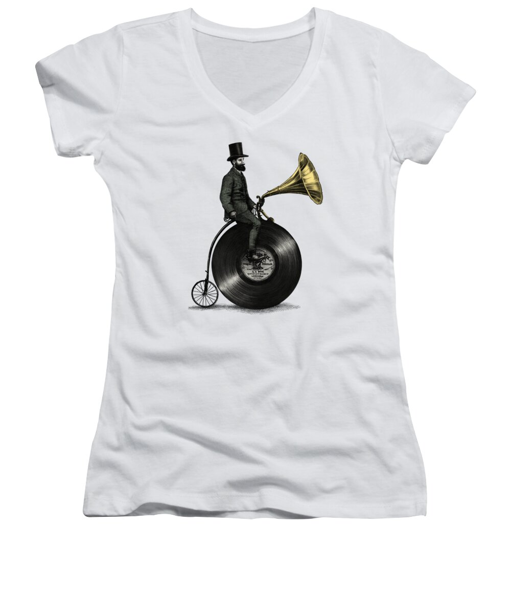 Music Vintage Vinyl Record Victorian Top Hat Gramophone Victrola Nostalgic Cycling Penny Farthing Moustache Women's V-Neck featuring the drawing Music Man by Eric Fan