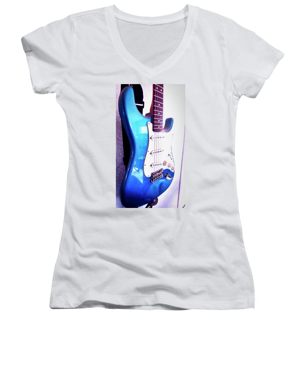 Arizona Women's V-Neck featuring the photograph My Blue Strat by Judy Kennedy