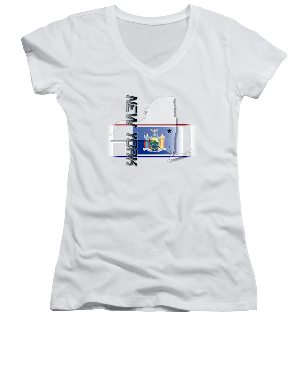 New York Women's V-Neck featuring the digital art New York State Vertical Print by Rick Bartrand