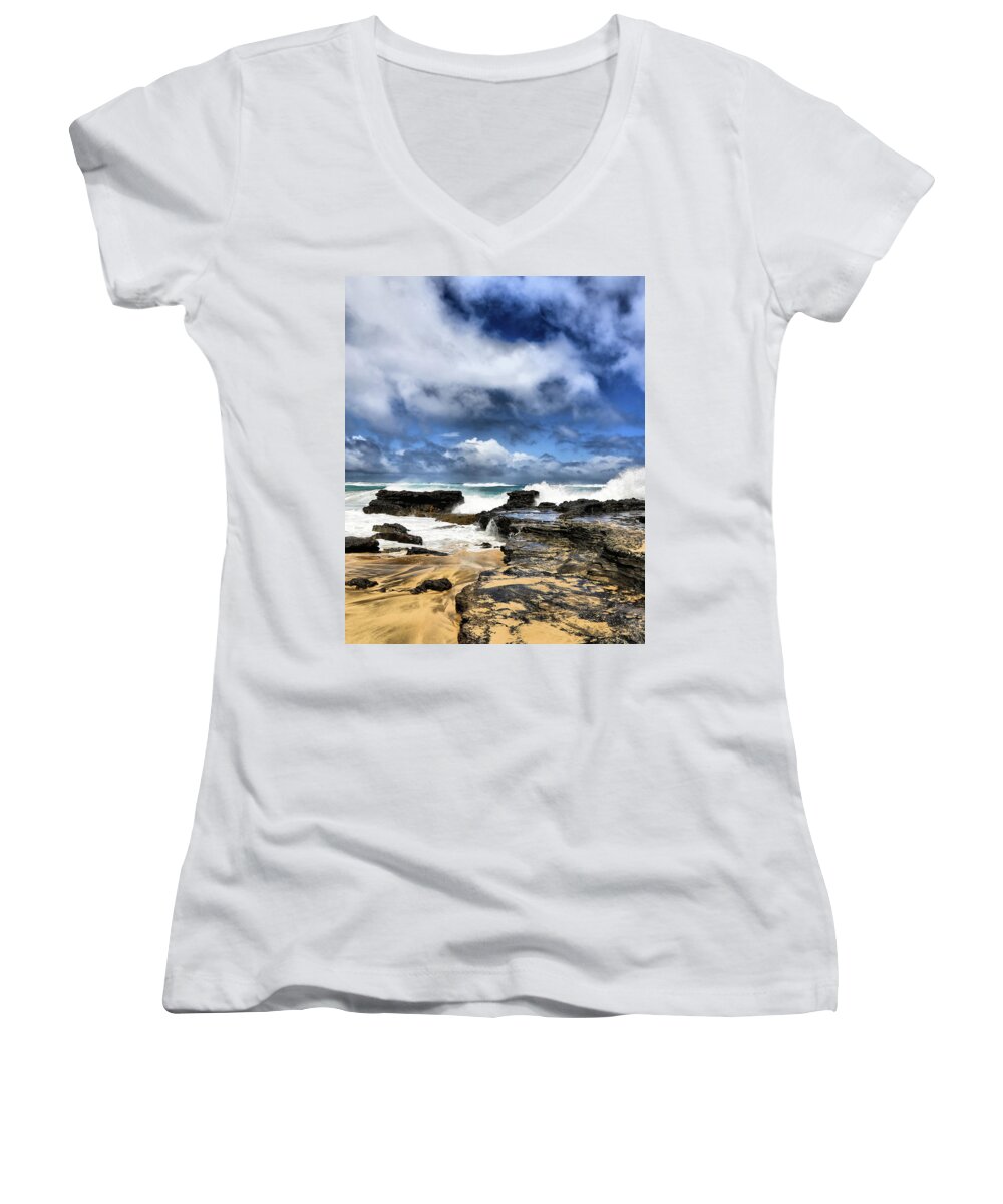 Waves Women's V-Neck featuring the photograph Oahu Shoreline by Donald J Gray
