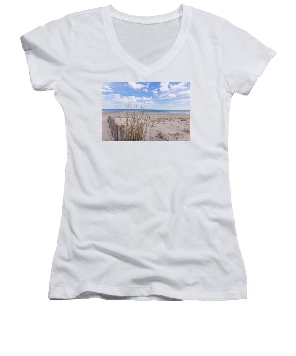 Ocean Dune Women's V-Neck featuring the photograph Ocean City Dune by Charles Kraus