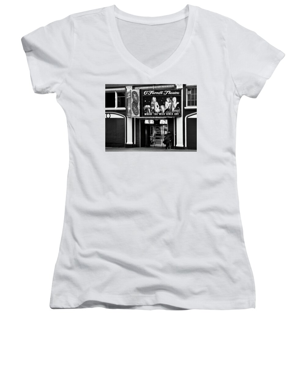 Farrell Women's V-Neck featuring the photograph O'Farrell Theatre entrance BW by RicardMN Photography