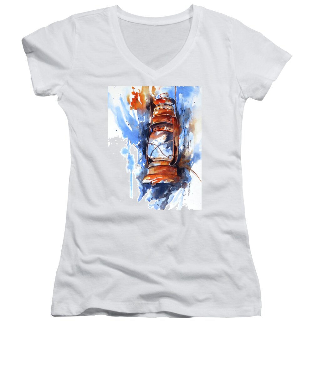 Watercolor Women's V-Neck featuring the painting Old Timer by Rae Andrews