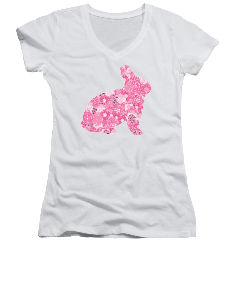 Bunny Women's V-Neck featuring the digital art Patchwork Pink Bunny by Marianne Campolongo