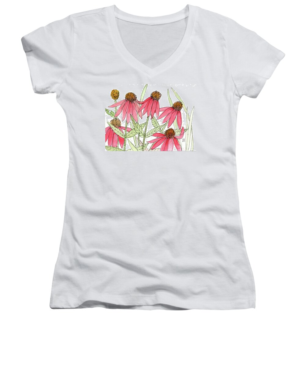 Pink Coneflower Women's V-Neck featuring the painting Pink Coneflowers Gather Watercolor by Laurie Rohner