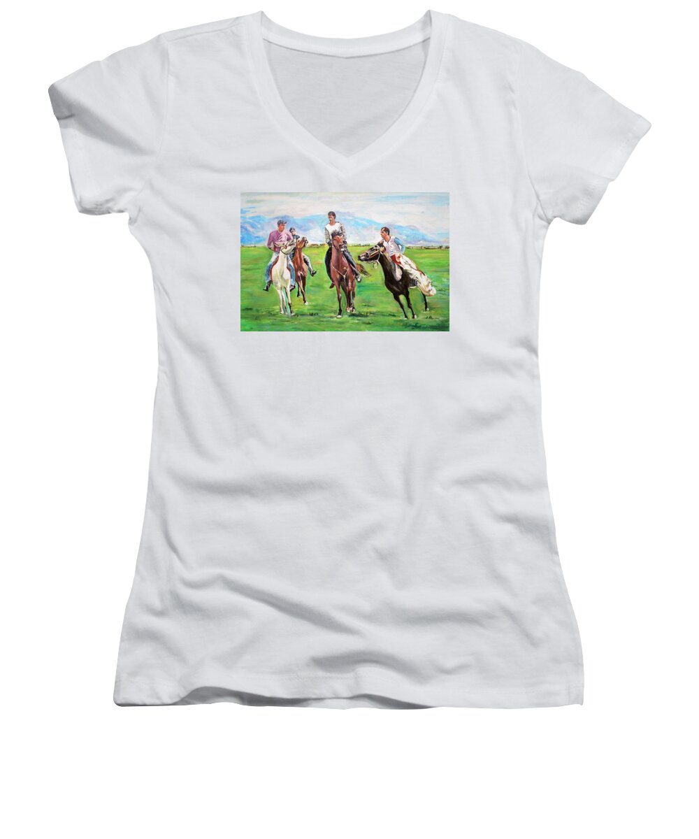 Horse Women's V-Neck featuring the painting Players in the ground by Khalid Saeed
