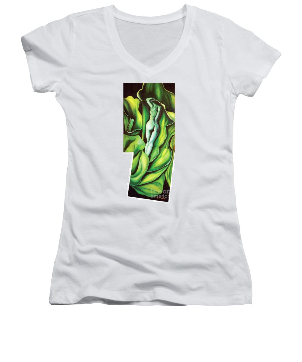 Surrealism Women's V-Neck featuring the painting Pollination by Fei A